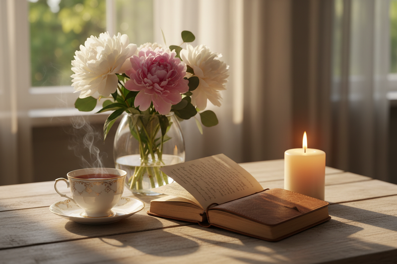 journal in a table with. a cup of tea, a vase with flowers and a candle 
